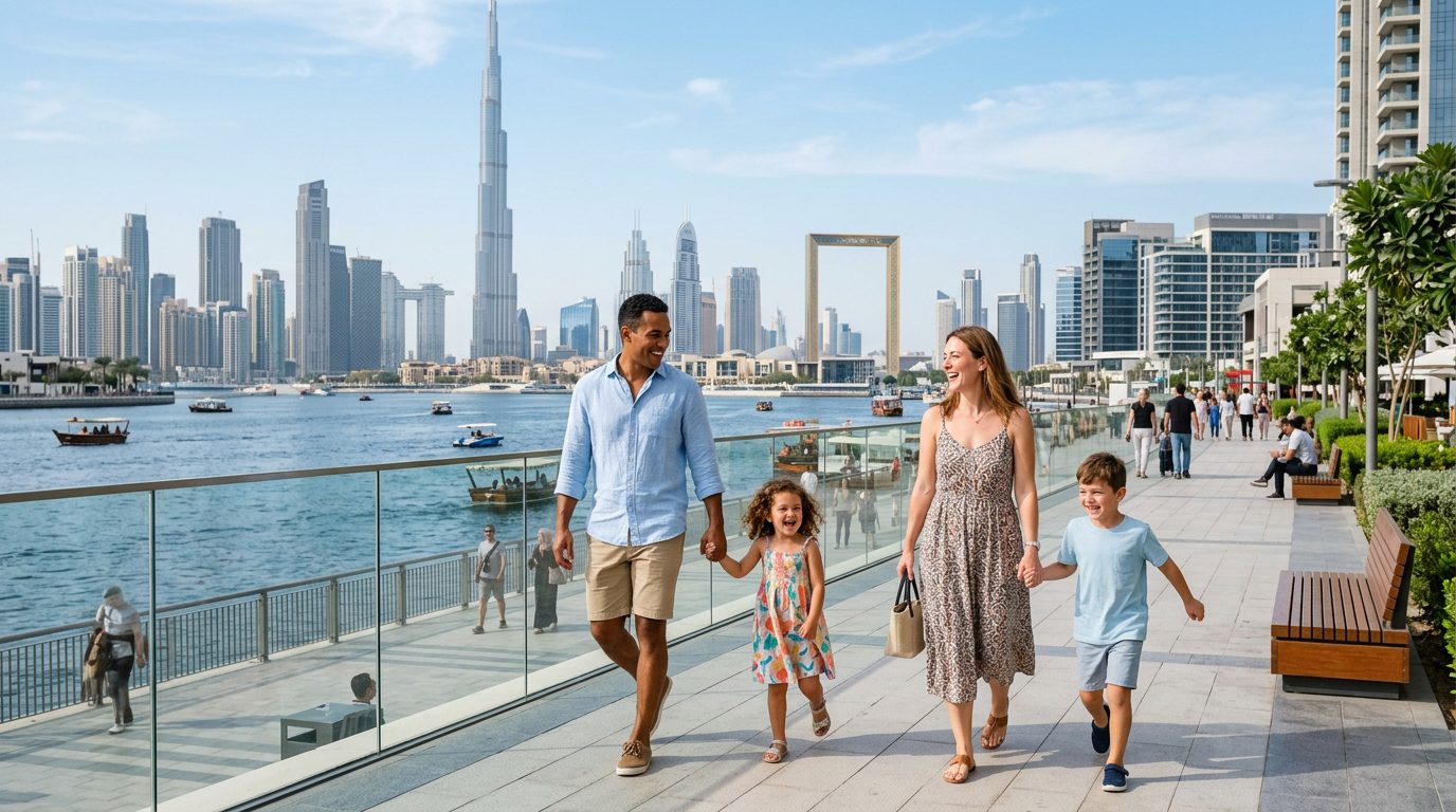 Expatriate family on Dubai Creek Harbour promenade enjoying UAE residency benefits