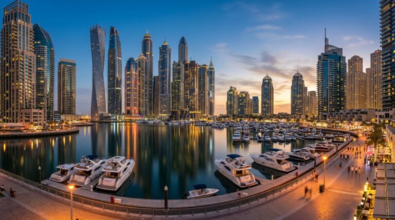 Dubai Marina towers at dusk