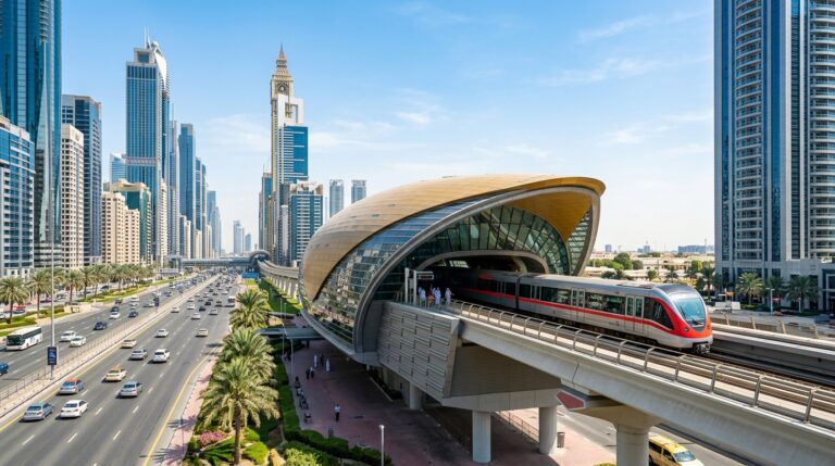 Dubai Metro Red Line train arriving at an elevated station