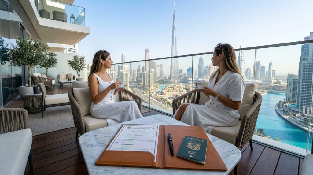 Dubai Property Visa 2026 title deed and residence passport on luxury balcony with Burj Khalifa view