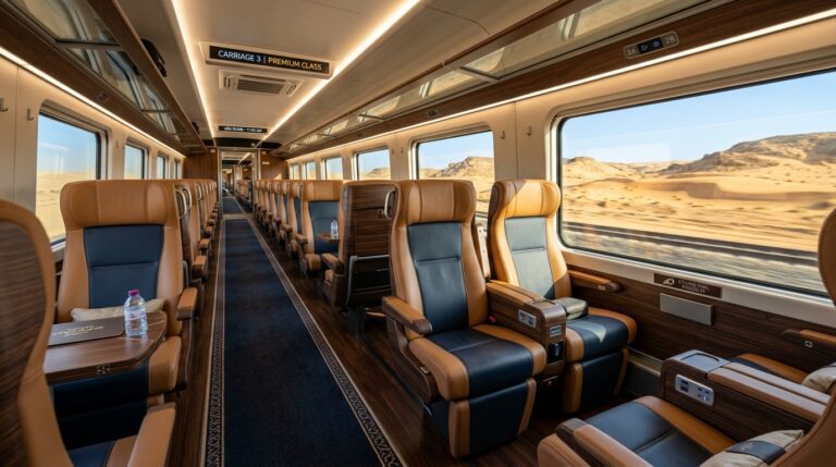 Premium Class seats inside an Etihad Rail passenger carriage