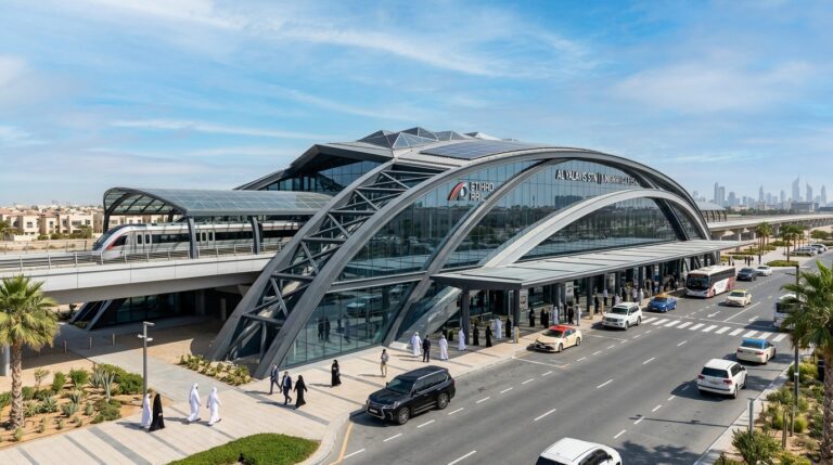 Exterior of the Etihad Rail Dubai station at Al Yalayis in Jumeirah Golf Estates