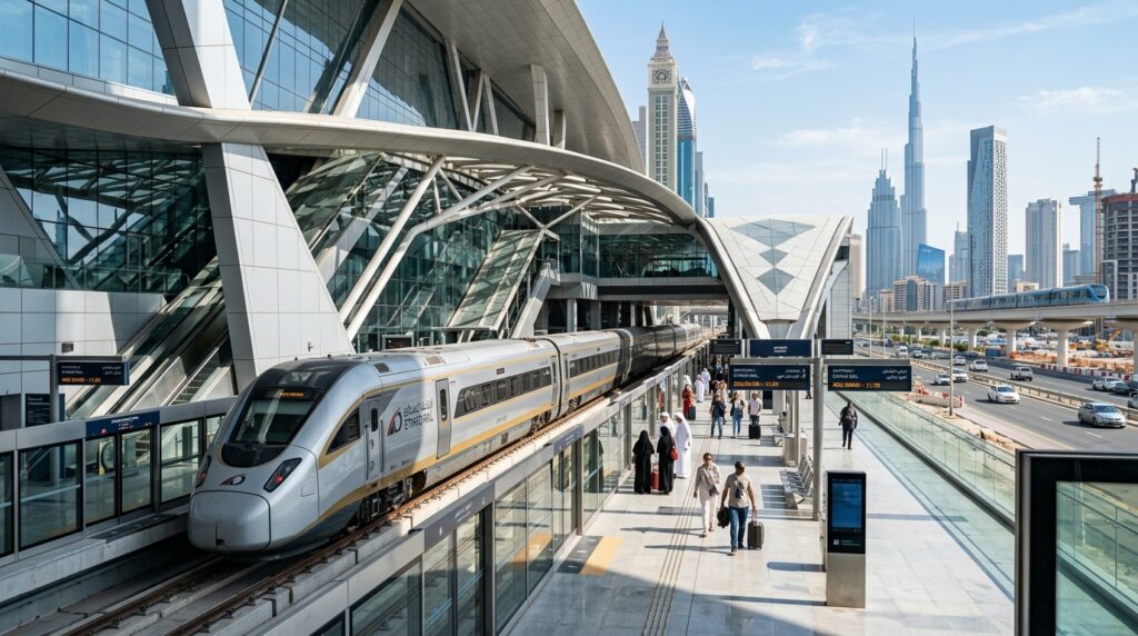 Etihad Rail passenger train at Dubai's Al Yalayis station in Jumeirah Golf Estates