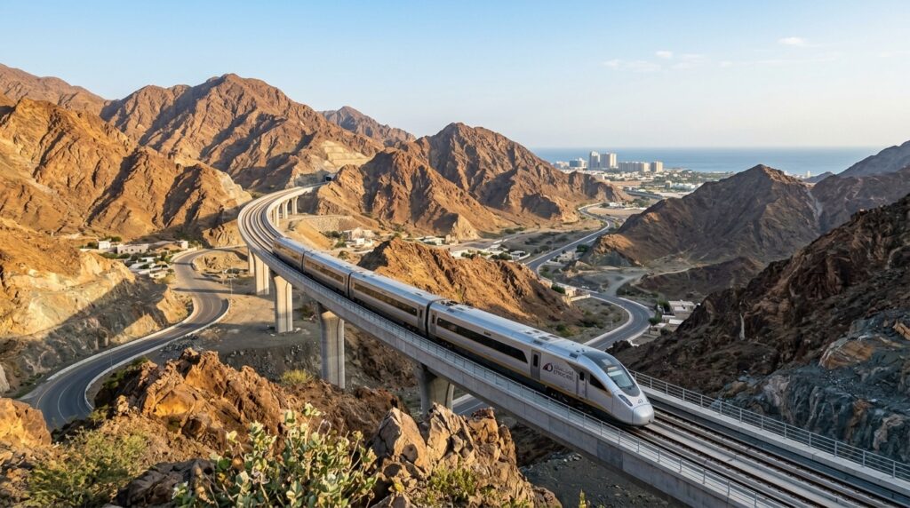 Etihad Rail modern bullet passenger train crossing the Hajar mountain viaduct route to Fujairah UAE