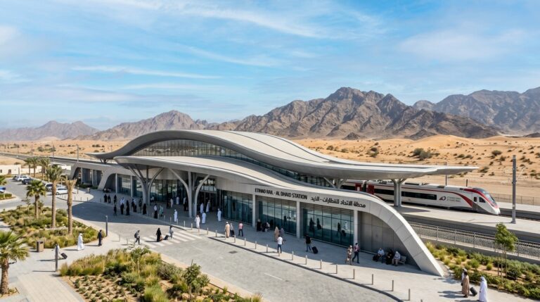 Etihad Rail's Al Dhaid station in central Sharjah with the Hajar mountains behind