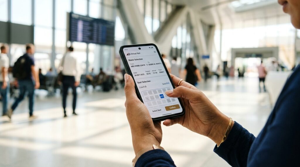 Passenger holding a phone with the Etihad Rail app open on the booking screen