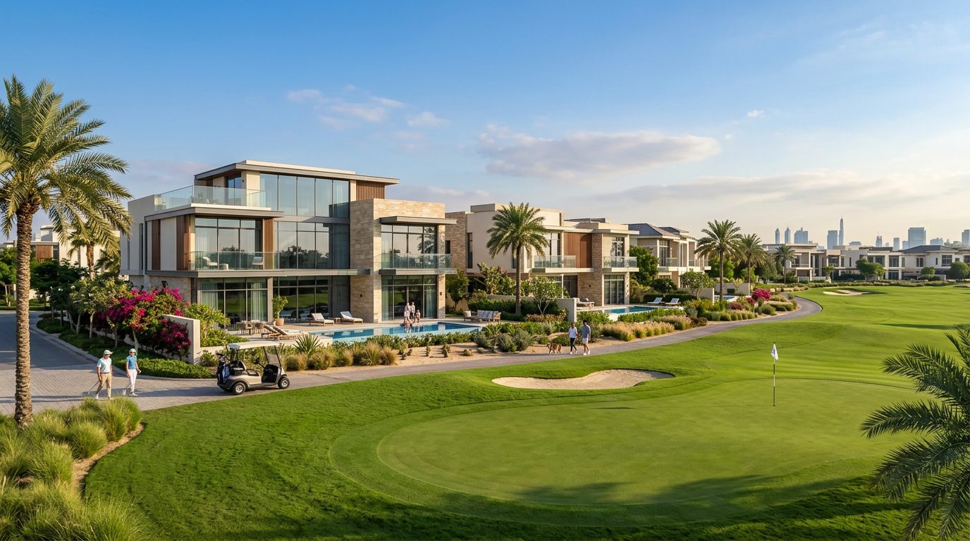 Luxury villas and manicured golf course greens in Jumeirah Golf Estates Dubai