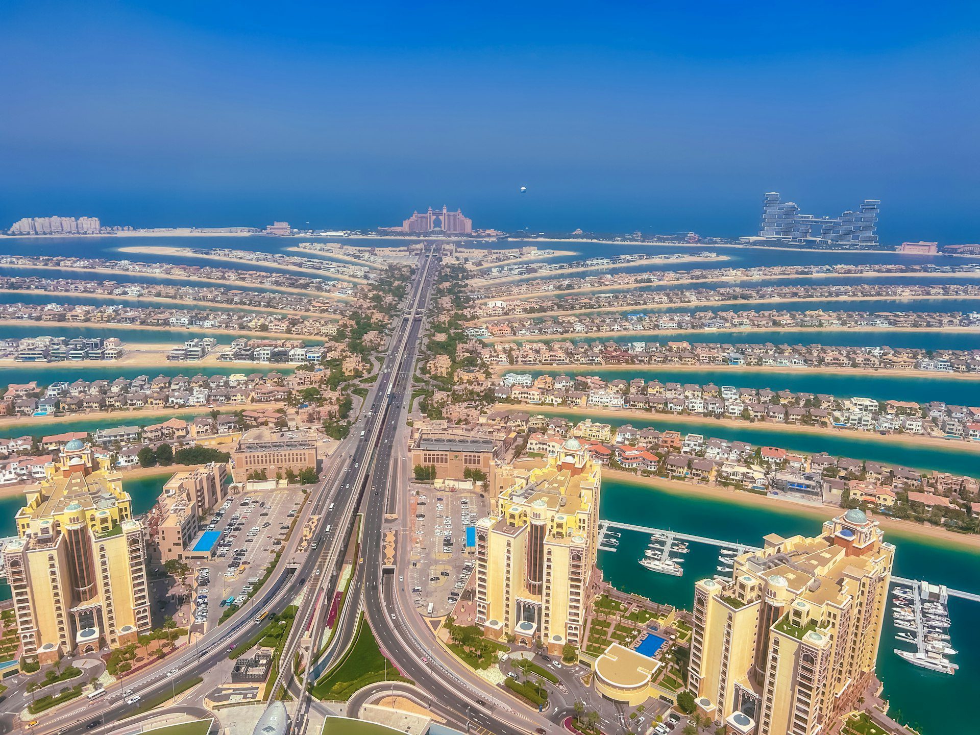 Palm Jumeirah aerial view and The View observation deck Dubai