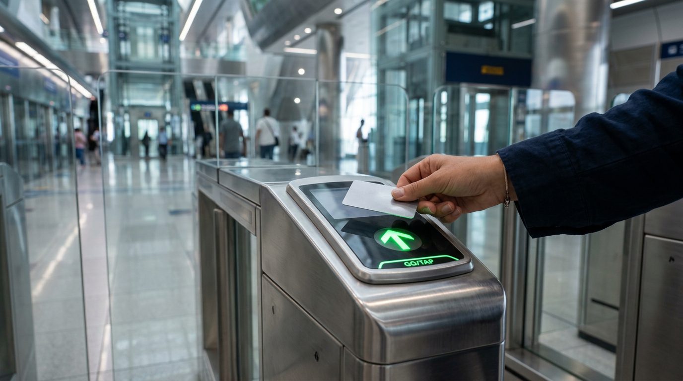 Silver nol card being tapped on a Dubai Metro smart entry gate reader A Silver nol card being tapped on a Dubai Metro gate reader