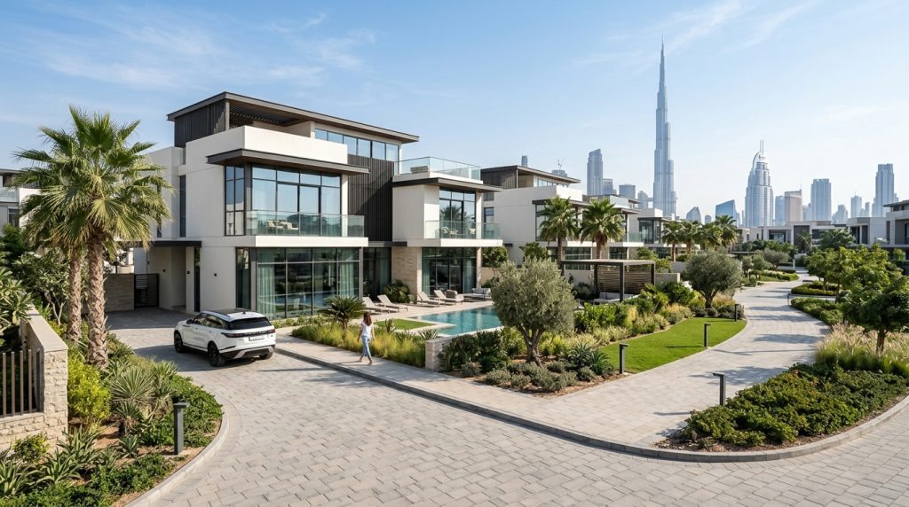 Luxury modern villa residential property in Dubai with Burj Khalifa skyline view representing property ownership in Dubai