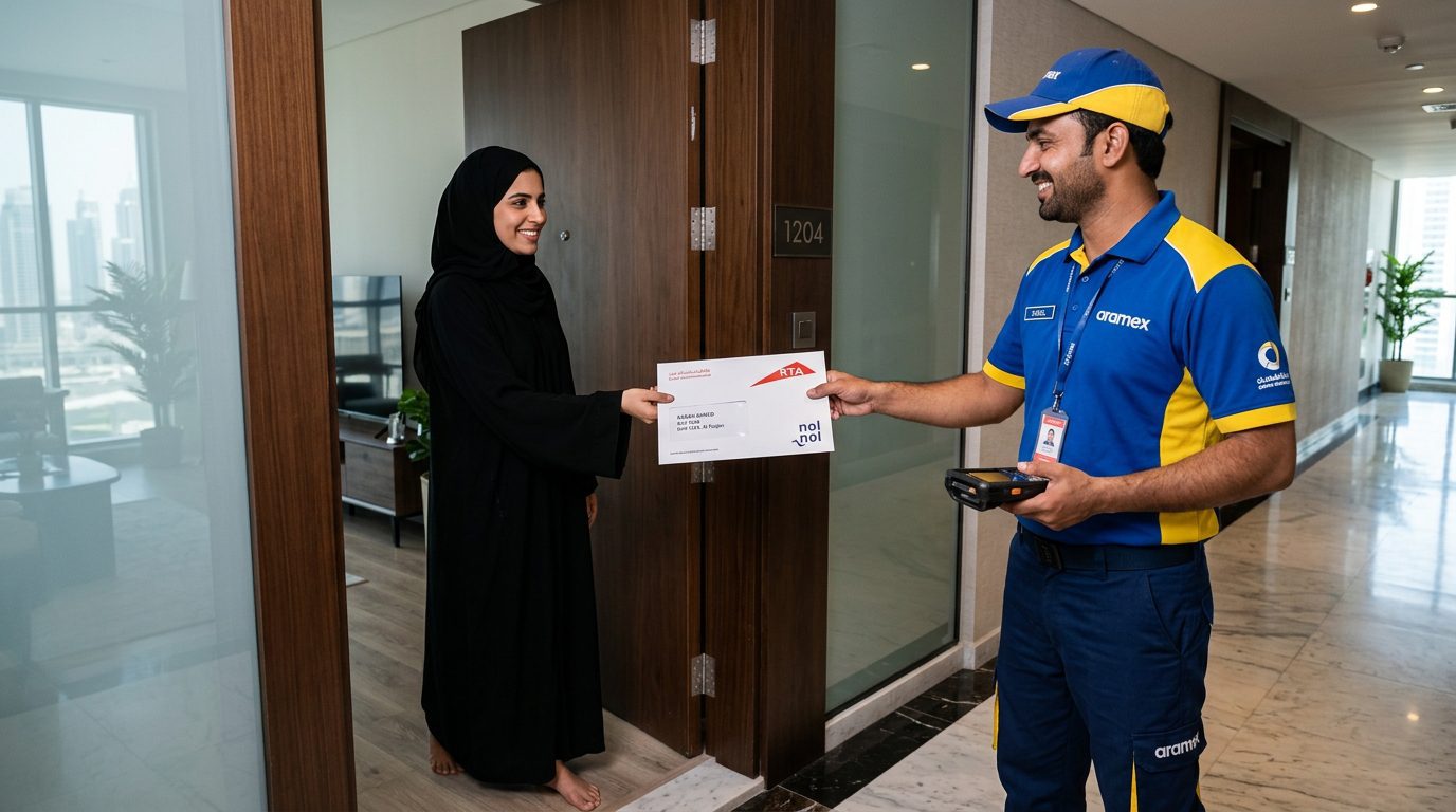 Courier delivering a nol card envelope to a customer in Dubai
