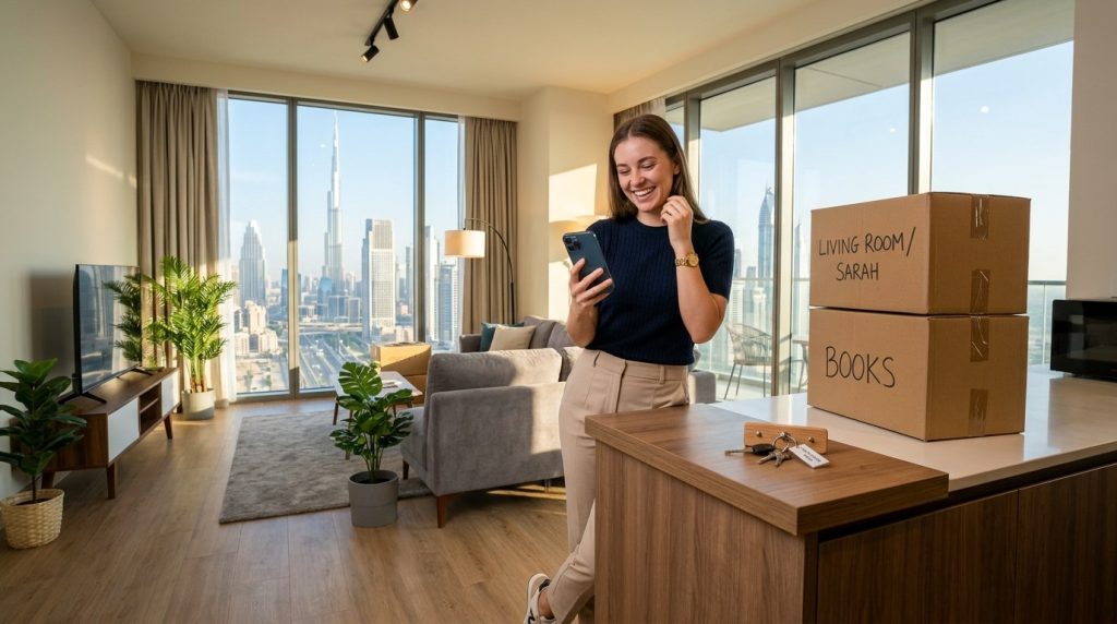 Tenant activating DEWA electricity and water in a newly moved-in Dubai apartment with moving boxes and skyline view