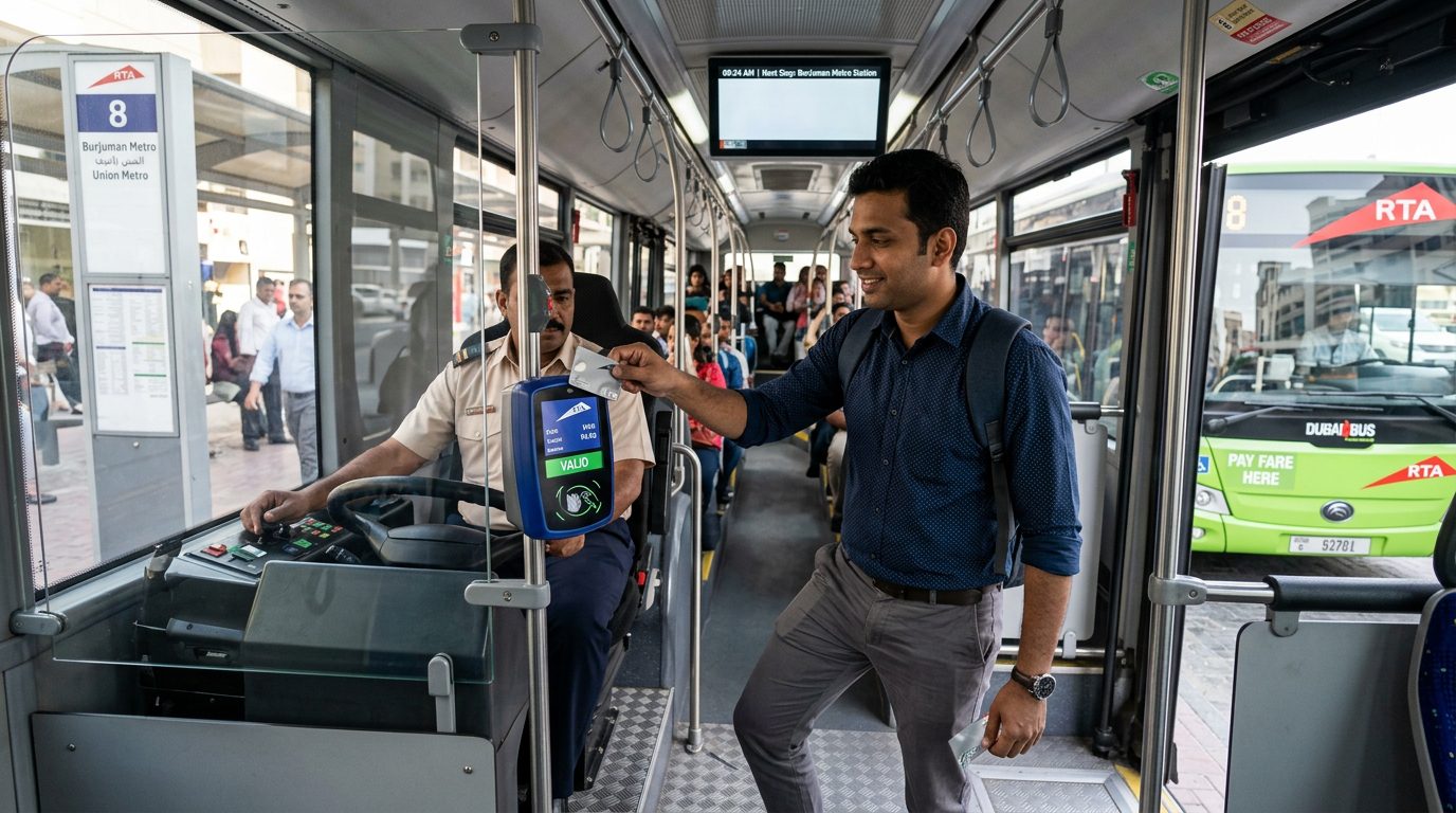 Dubai bus passenger tapping a nol card on the reader by the front door