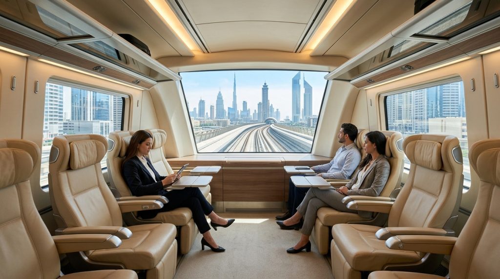 Luxurious Dubai Metro Gold Class carriage with wide leather seats and panoramic front view
