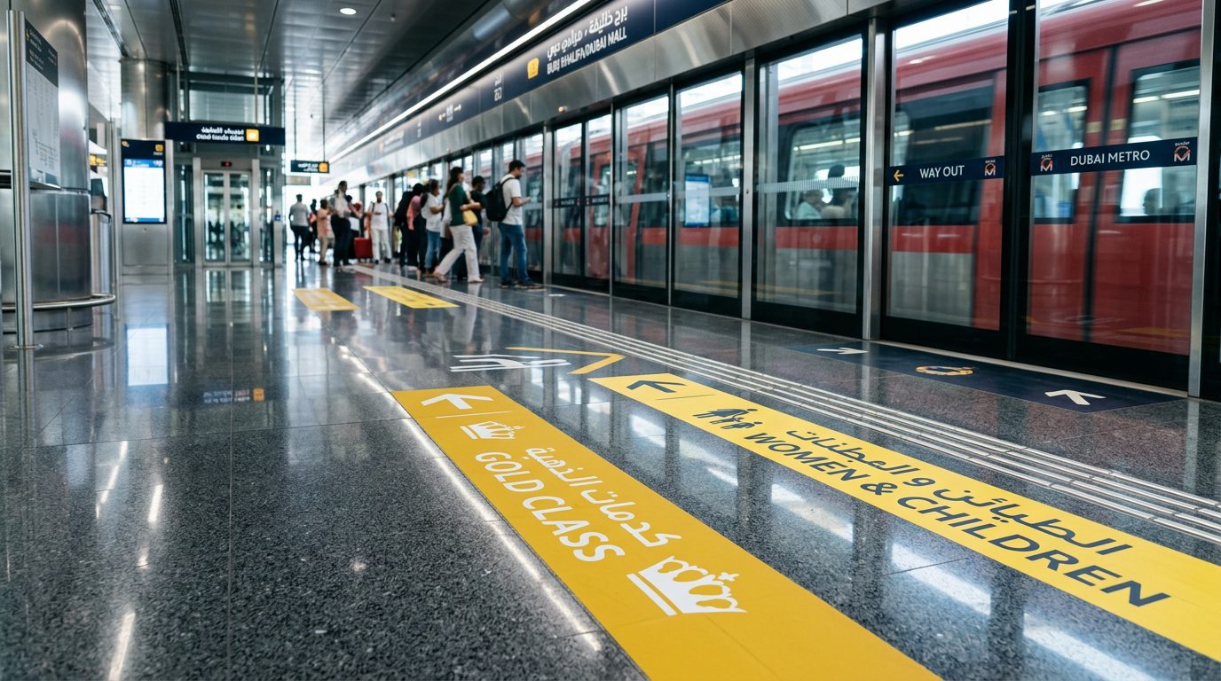 Platform floor markings directing passengers to Gold Class carriage Platform floor markings and signage directing passengers to Gold Class carriage