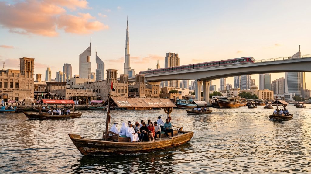 Dubai Metro Green Line route overlooking historic Deira and Dubai Creek