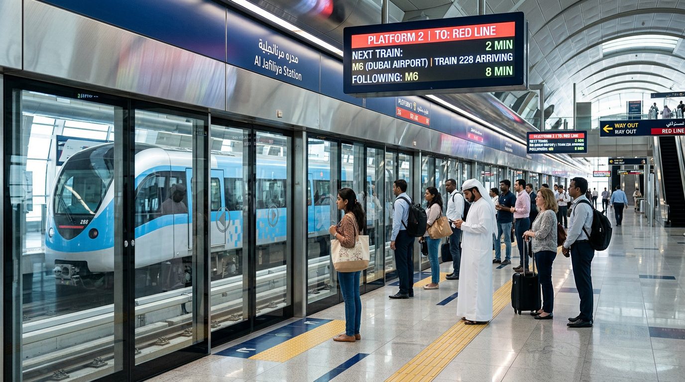 Dubai Metro digital schedule screen and waiting platform