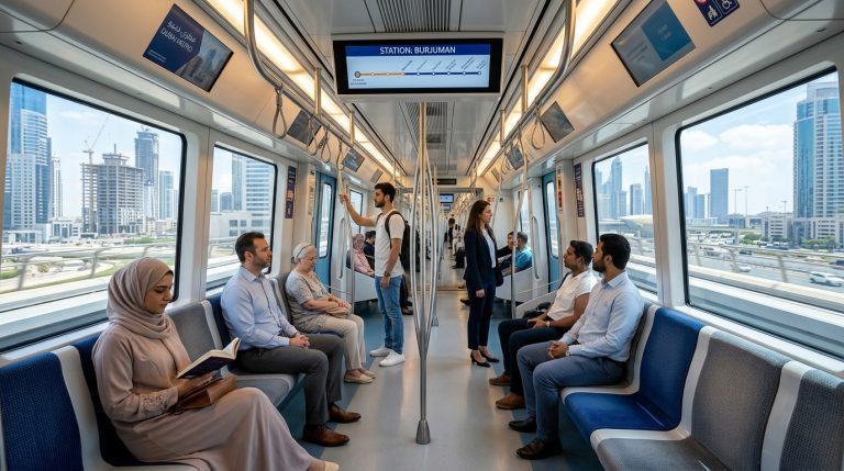Clean modern interior of Dubai Metro train carriage with transit etiquette rules