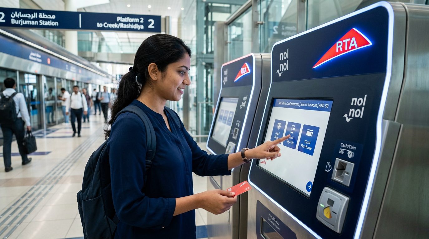 Dubai Metro ticket vending machine showing a nol card balance Dubai Metro ticket vending machine showing a nol card balance