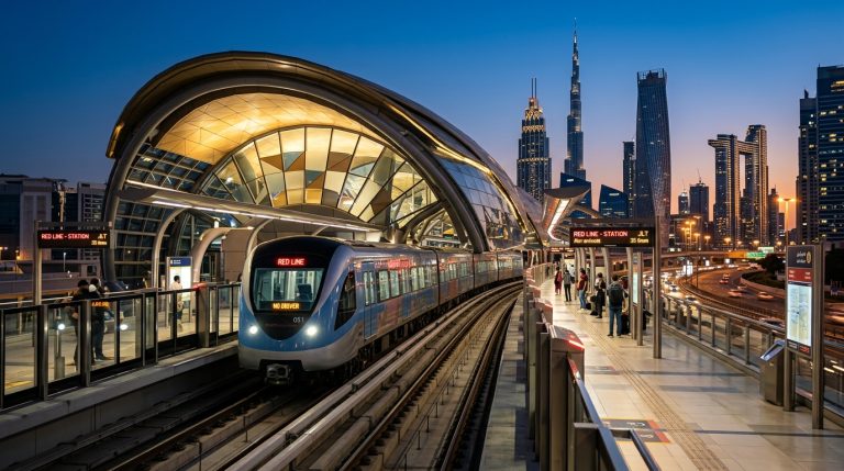 Dubai Metro train arriving at futuristic station during daily operating hours