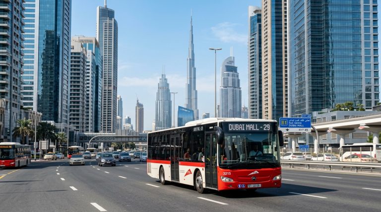 RTA public bus driving along a main road in Dubai