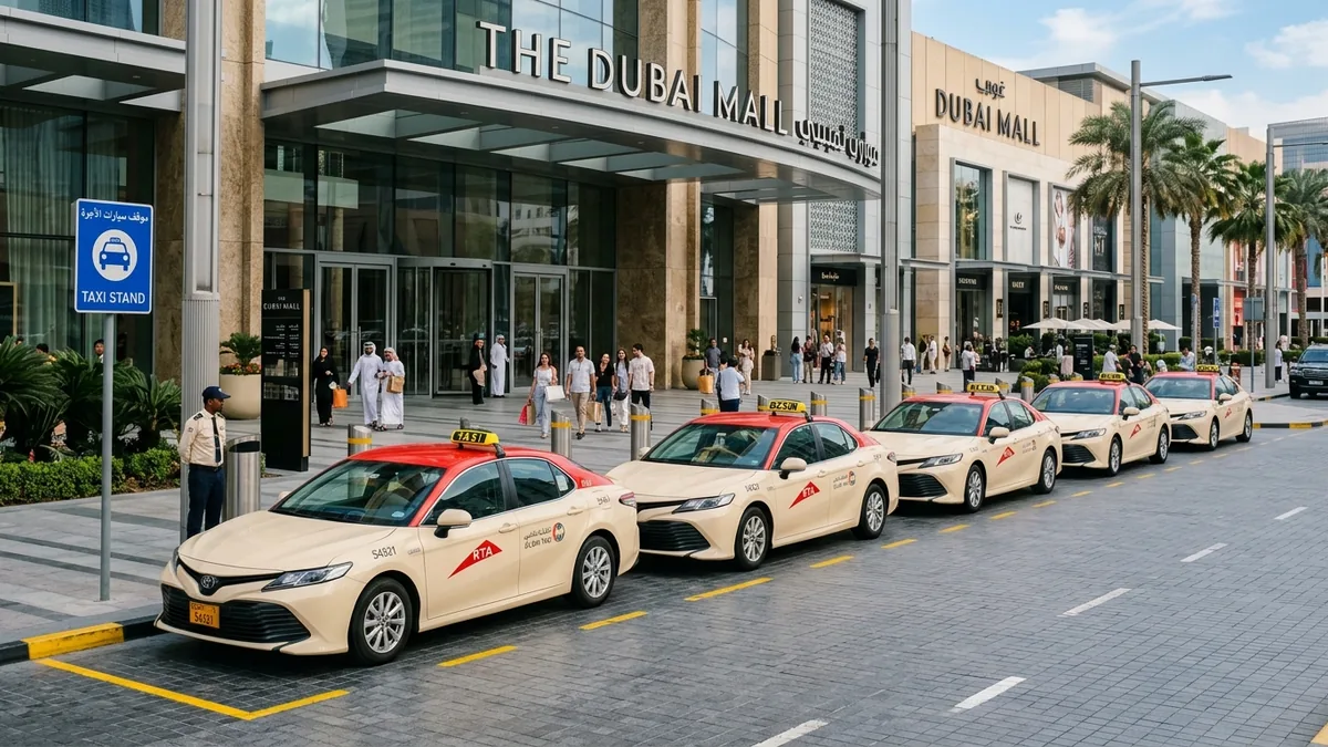 Row of red-roof Dubai taxis waiting at a mall taxi rank