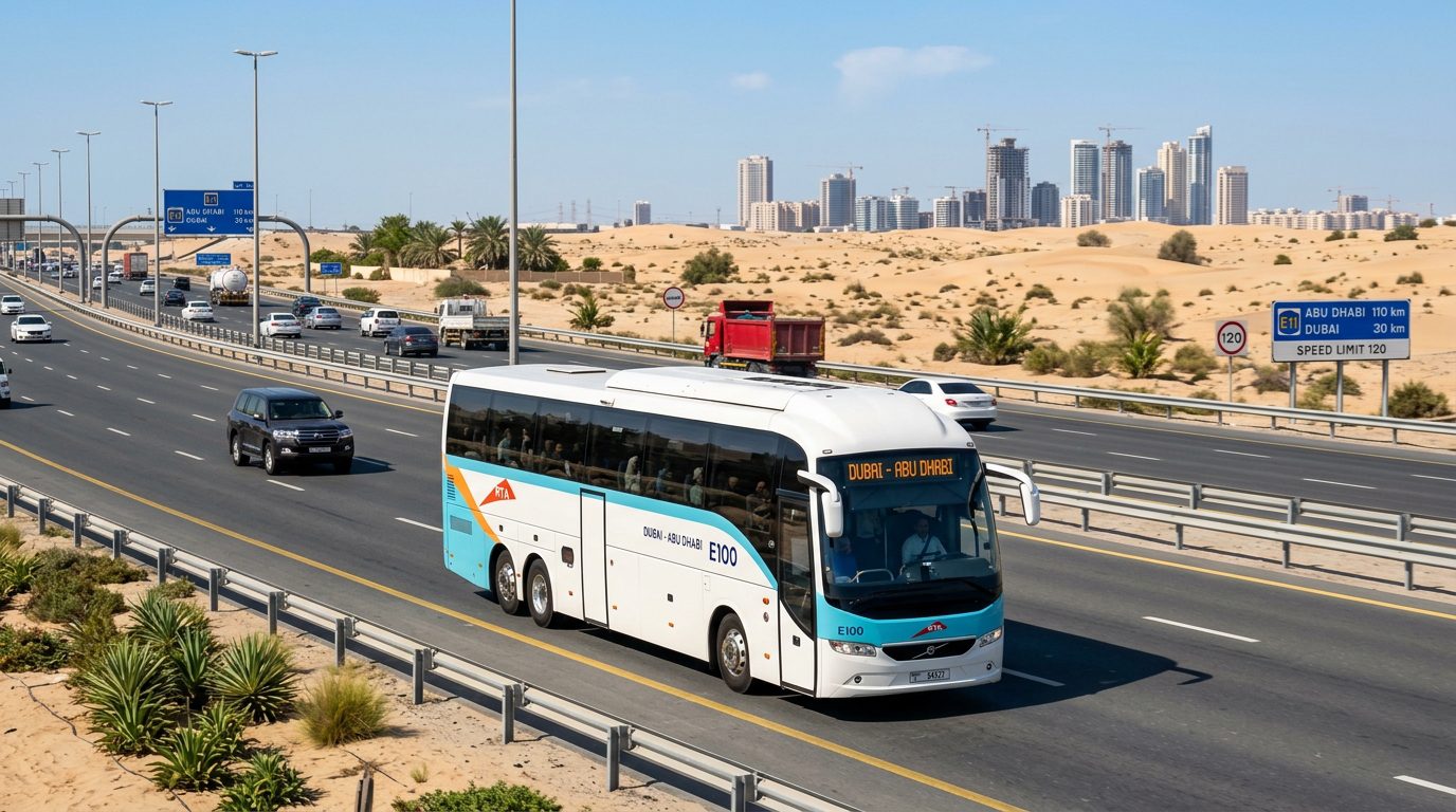 Intercity coach of the type used on the E100 route from Al Ghubaiba to Abu Dhabi Intercity coach of the type used on the E100 route from Al Ghubaiba to Abu Dhabi