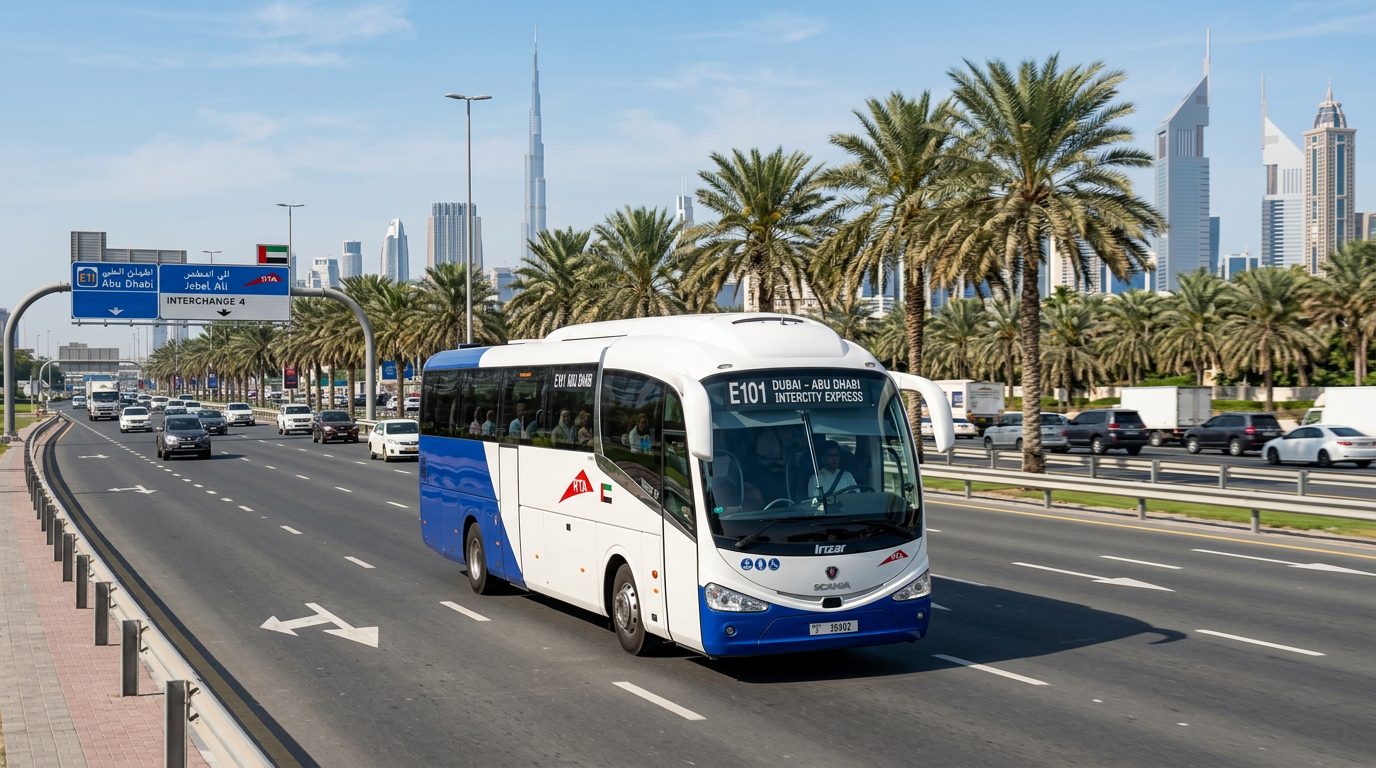 Intercity bus on the highway between Dubai and Abu Dhabi, the E101 route from Ibn Battuta Intercity bus on the highway between Dubai and Abu Dhabi, the E101 route from Ibn Battuta