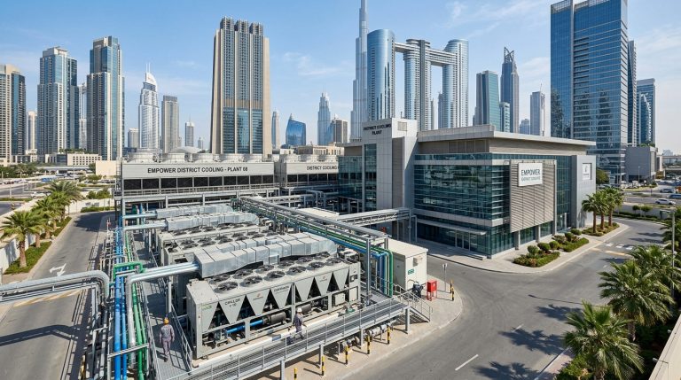 District cooling plant facility and chiller units with modern Dubai skyscrapers in the background