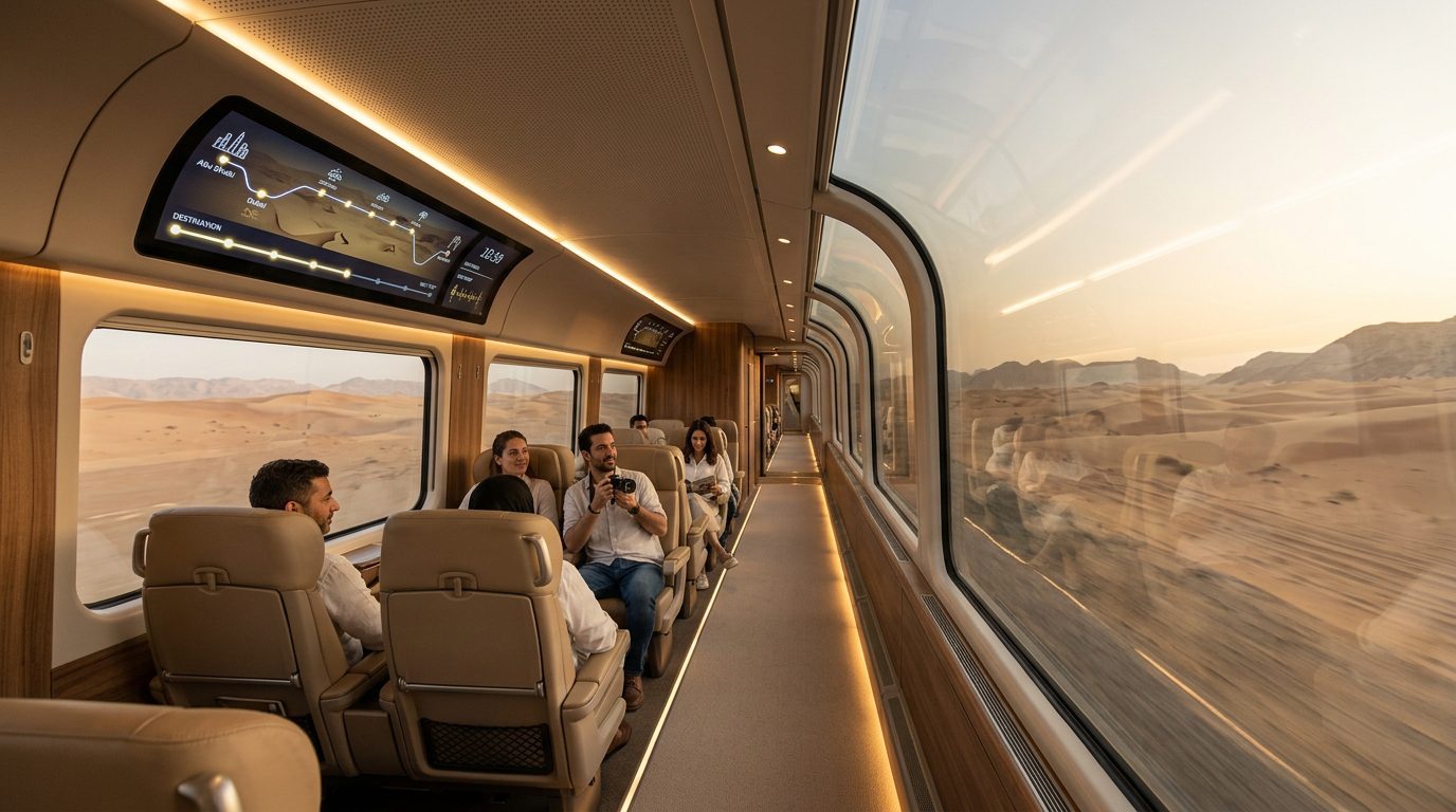 Etihad Rail passenger train modern interior and route network across the UAE Etihad Rail passenger train modern interior with panoramic windows overlooking UAE landscape