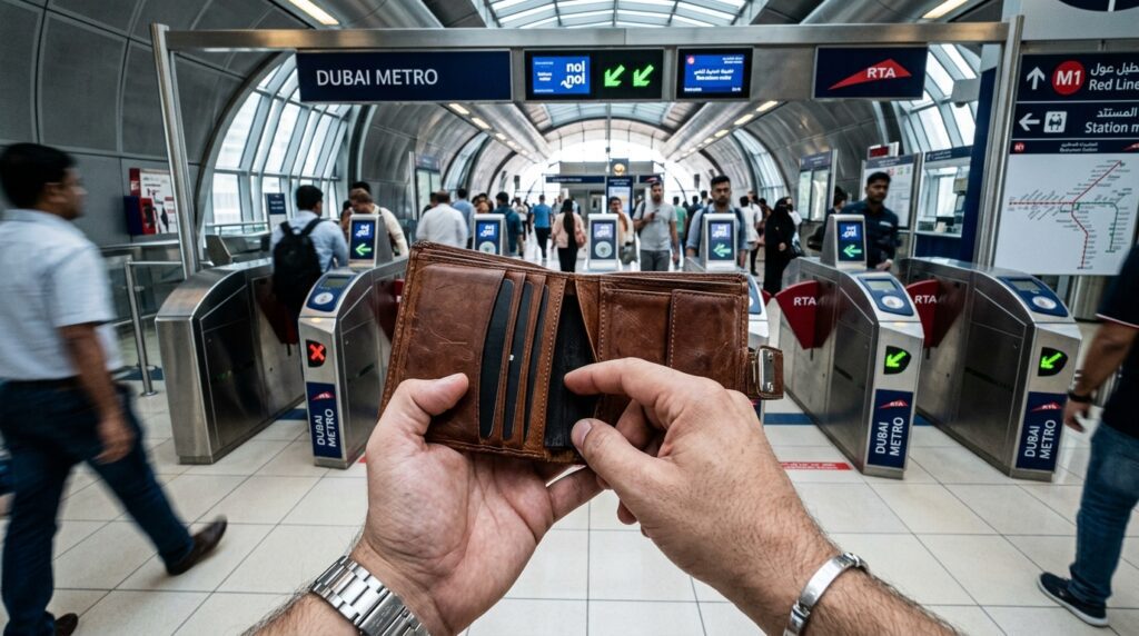 A hand searching an empty wallet for a missing nol card