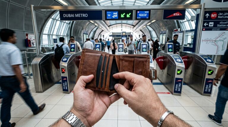 A hand searching an empty wallet for a missing nol card