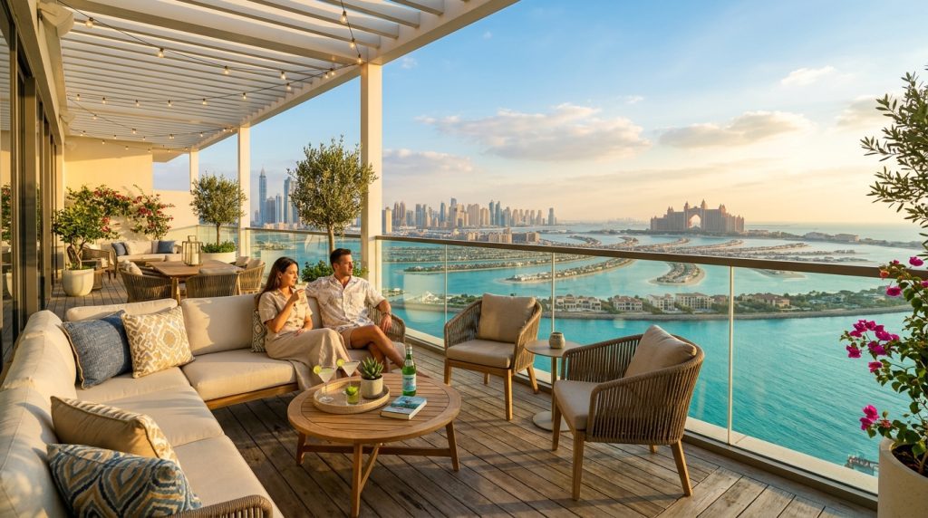 Upscale vacation rental apartment balcony overlooking Palm Jumeirah in Dubai