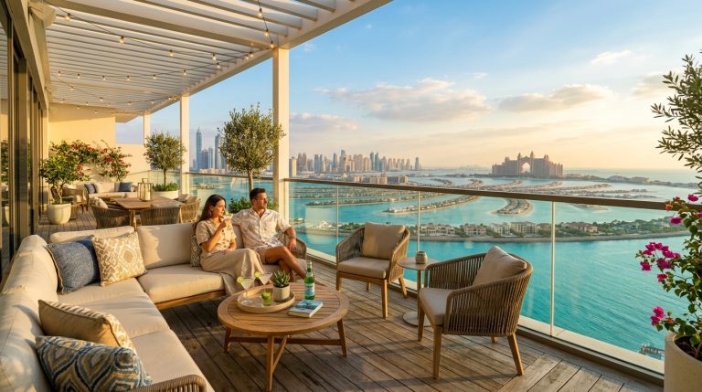 Upscale vacation rental apartment balcony overlooking Palm Jumeirah in Dubai