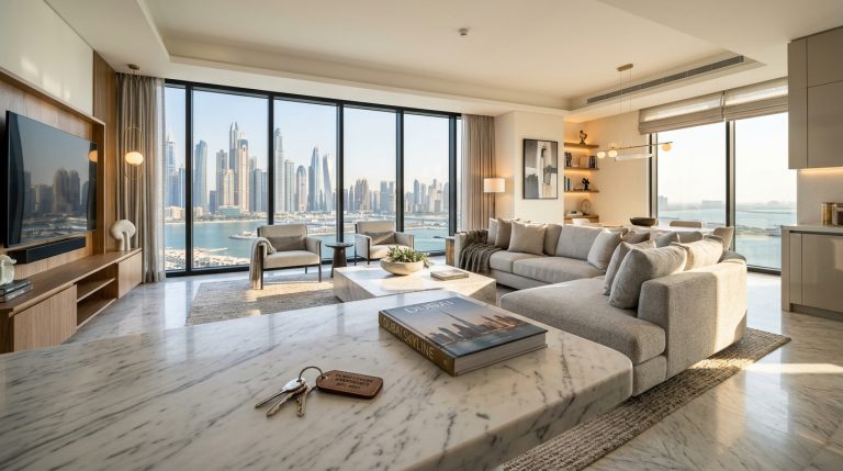 Staged luxury living room in a modern Dubai apartment with keys ready for rental tenants