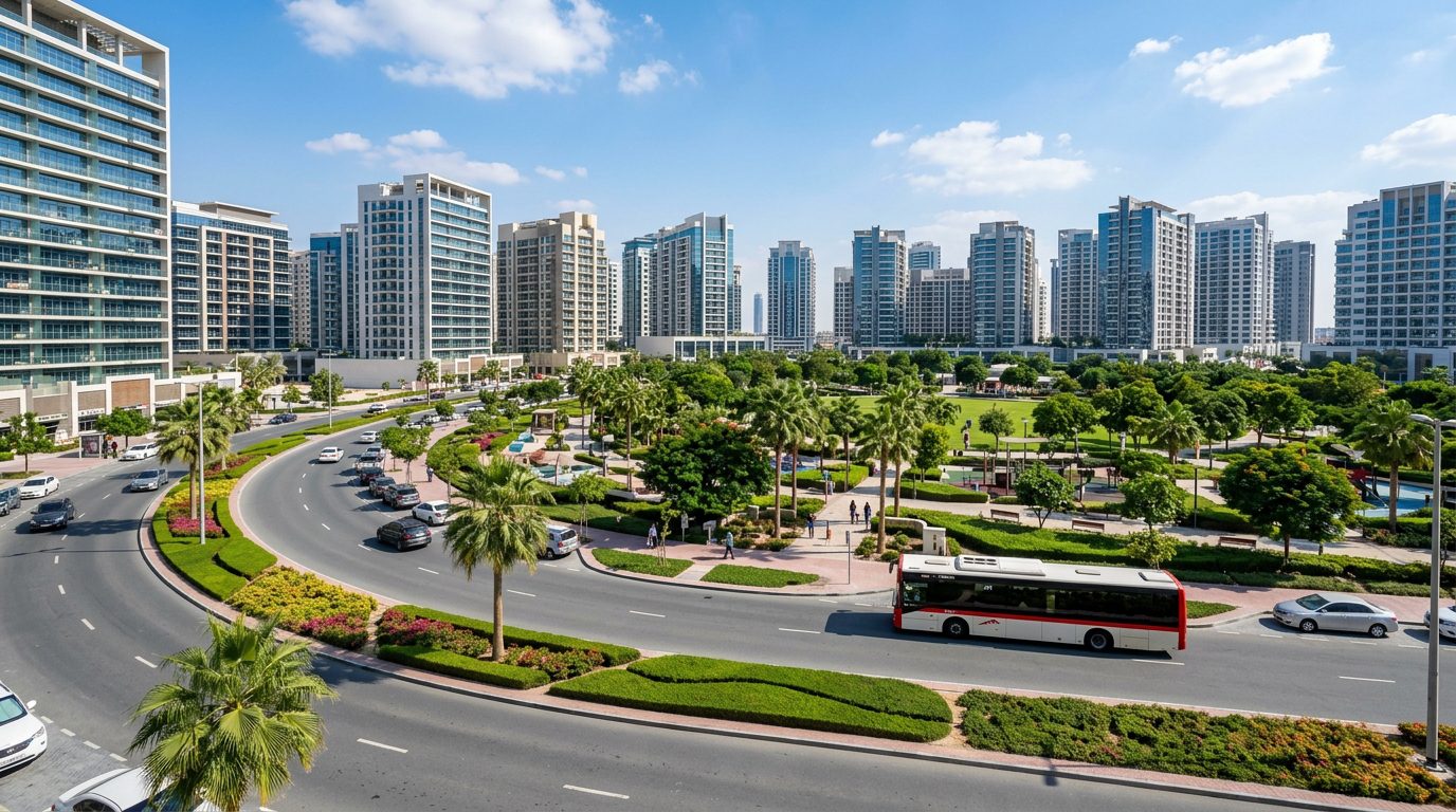 J01 bus driving through Jumeirah Village Circle Jumeirah Village Circle community served by bus J01 from Mall of the Emirates