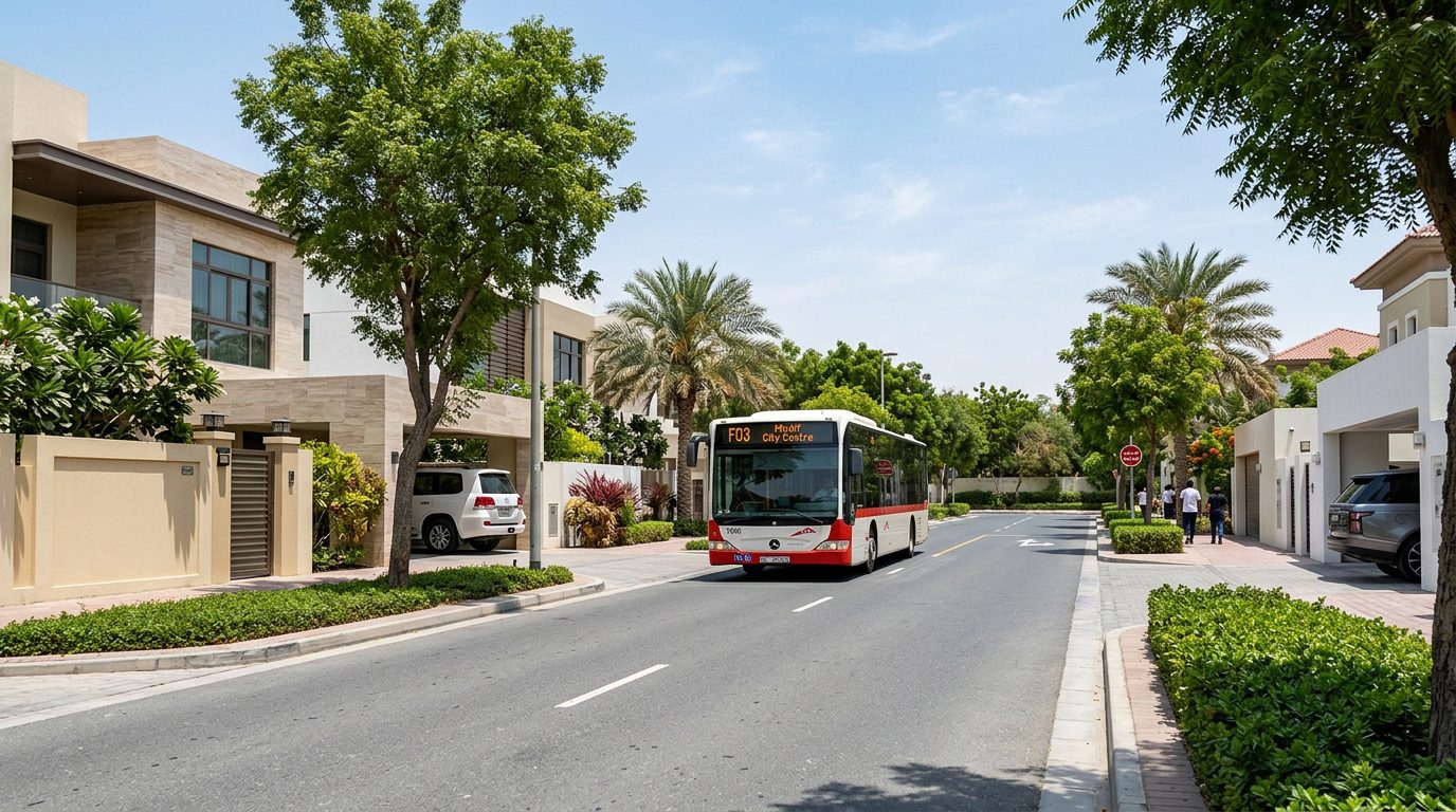 Mirdif feeder bus F03 driving through residential neighborhood Mirdif residential street served by feeder bus F03 from Rashidiya bus station