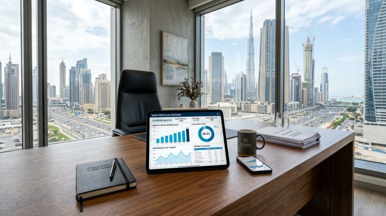 Digital tablet displaying property service charge calculations in a Dubai office overlooking the skyline