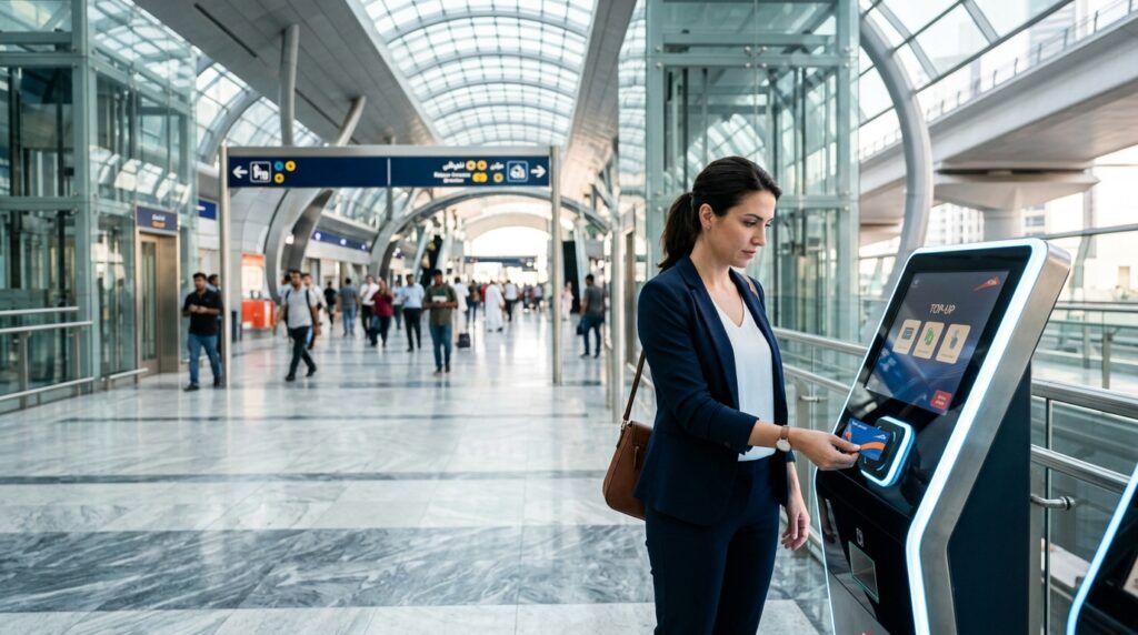 A commuter recharging a Dubai Nol card at an RTA ticket vending machine in Dubai Metro station