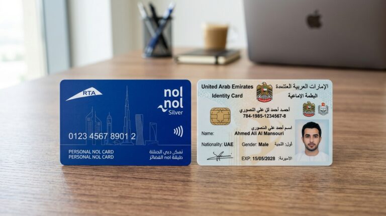 A blue personal nol card next to an Emirates ID card