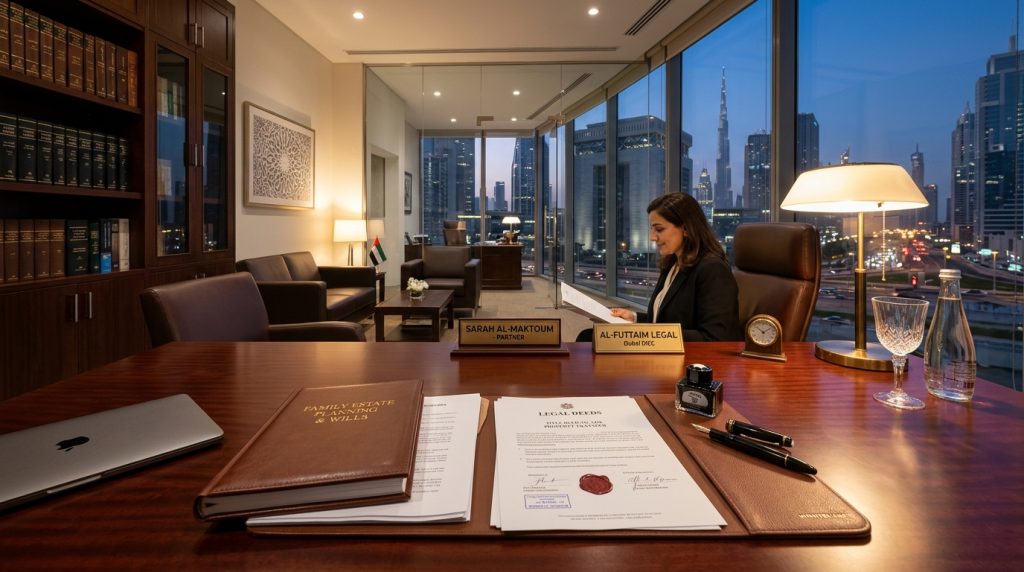 Estate planning portfolio, registered legal deeds and fountain pen in a Dubai DIFC law office
