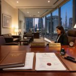 Estate planning portfolio, registered legal deeds and fountain pen in a Dubai DIFC law office