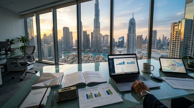 Real estate investment desk with property yield reports and Downtown Dubai skyline view