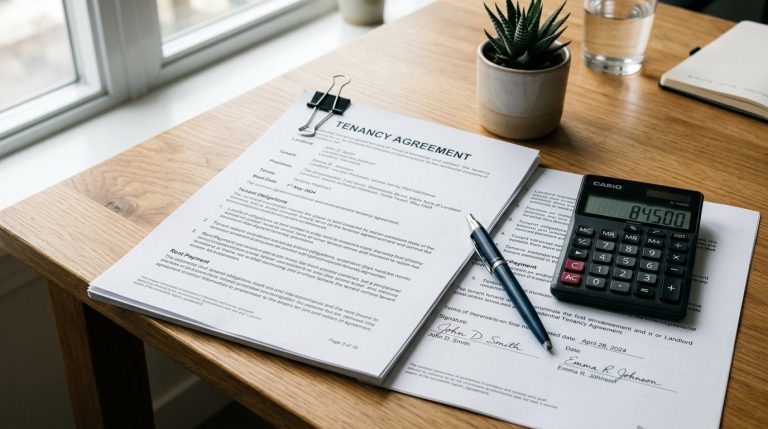 Calculator and lease papers used to check a Dubai rent increase