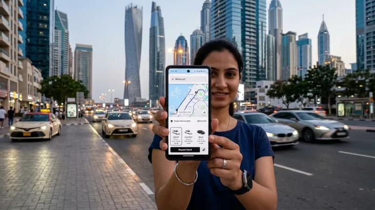 Phone showing a ride-hailing app map while a car waits at the kerb in Dubai