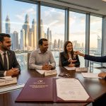Real estate sales agreement signing and key transfer in a professional Dubai office