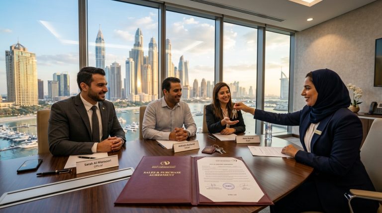 Real estate sales agreement signing and key transfer in a professional Dubai office