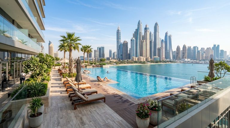 Rooftop infinity pool and luxury residential amenities in Dubai Marina representing property service charges
