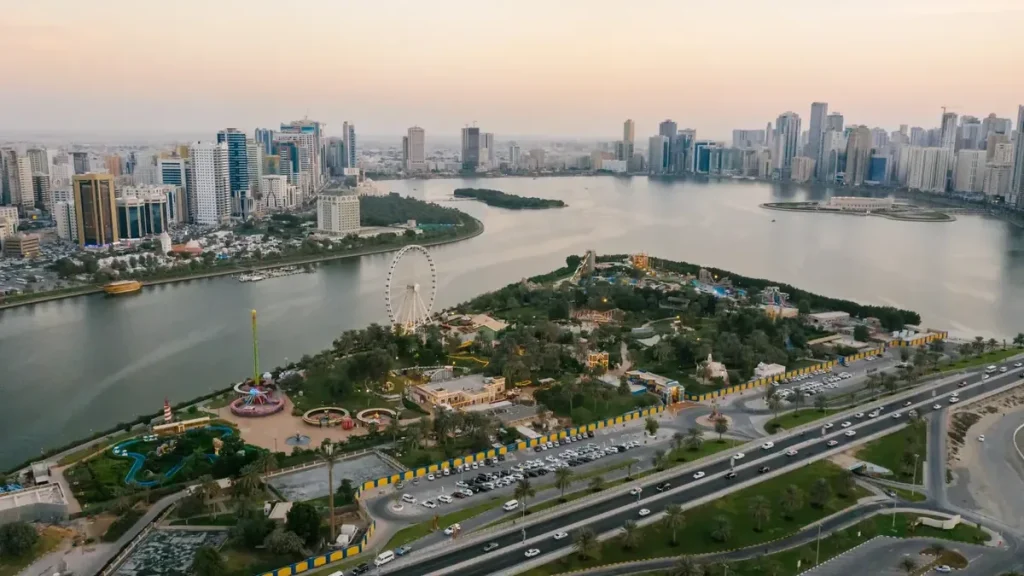 Sharjah waterfront skyline and coastal arrival point for the inter-emirate ferry