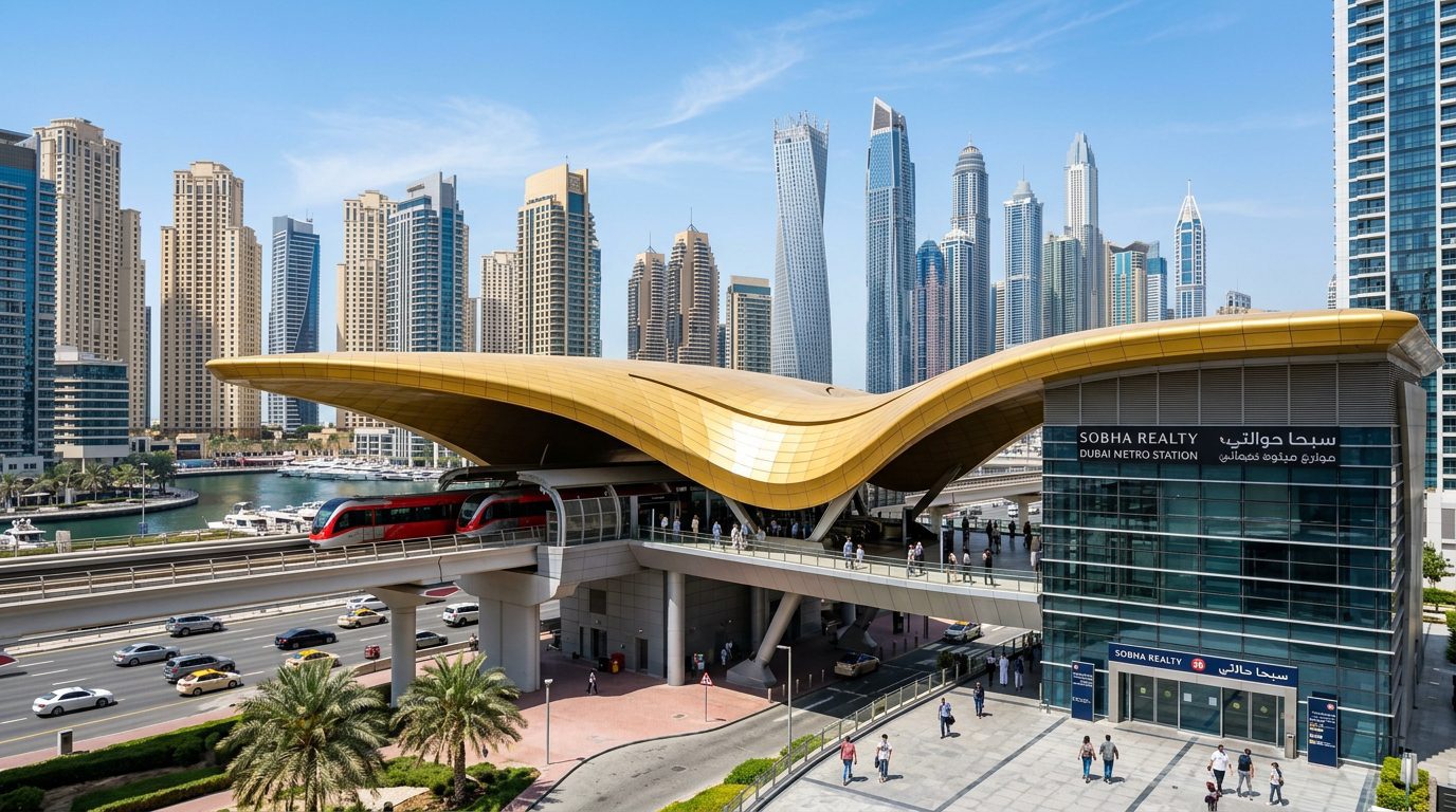 Sobha Realty Metro Station exterior near Dubai Marina towers